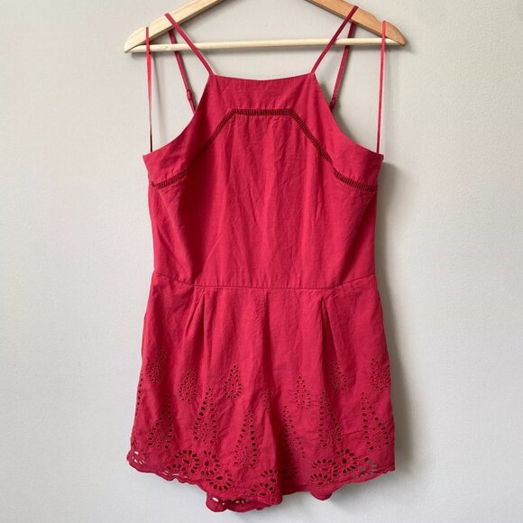 Blue Rain Women's Medium Sleeveless High Neck Boho Eyelet Scalloped Red Romper - Picture 3 of 11